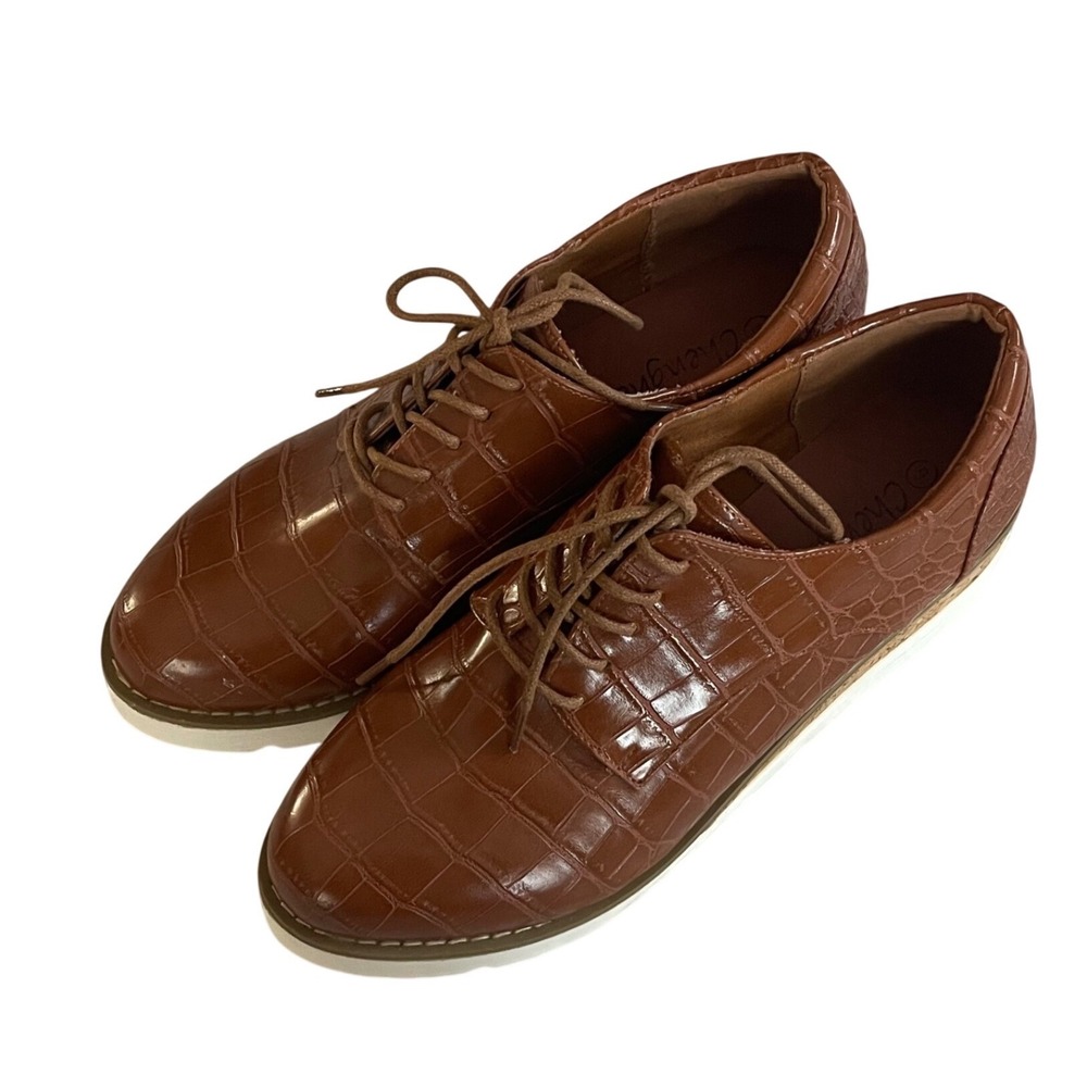 Chenghe Brown Croc Embossed Platform Oxford Wedge Shoes Womens Size 9‎